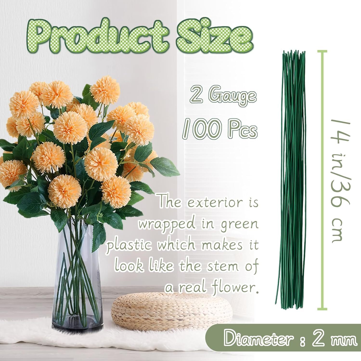 100 Pcs Floral Stems Wire for Paper Flower,14 Inch 2 Gauge Dark Green Floral