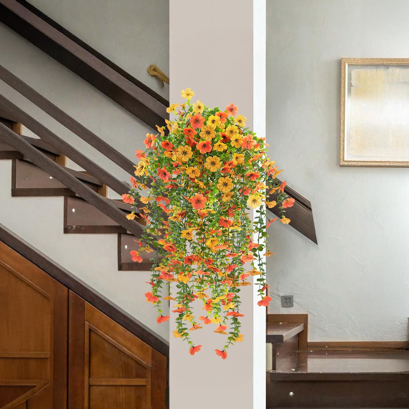 4 Pcs 30in Artificial Hanging Flowers for Outdoors in Pot, Orange