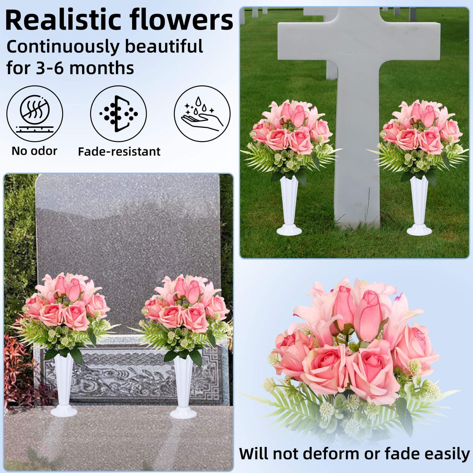 Artificial Cemetery Flowers with Vases Set of 2 Roses Lily Silks Bouquets Rea…