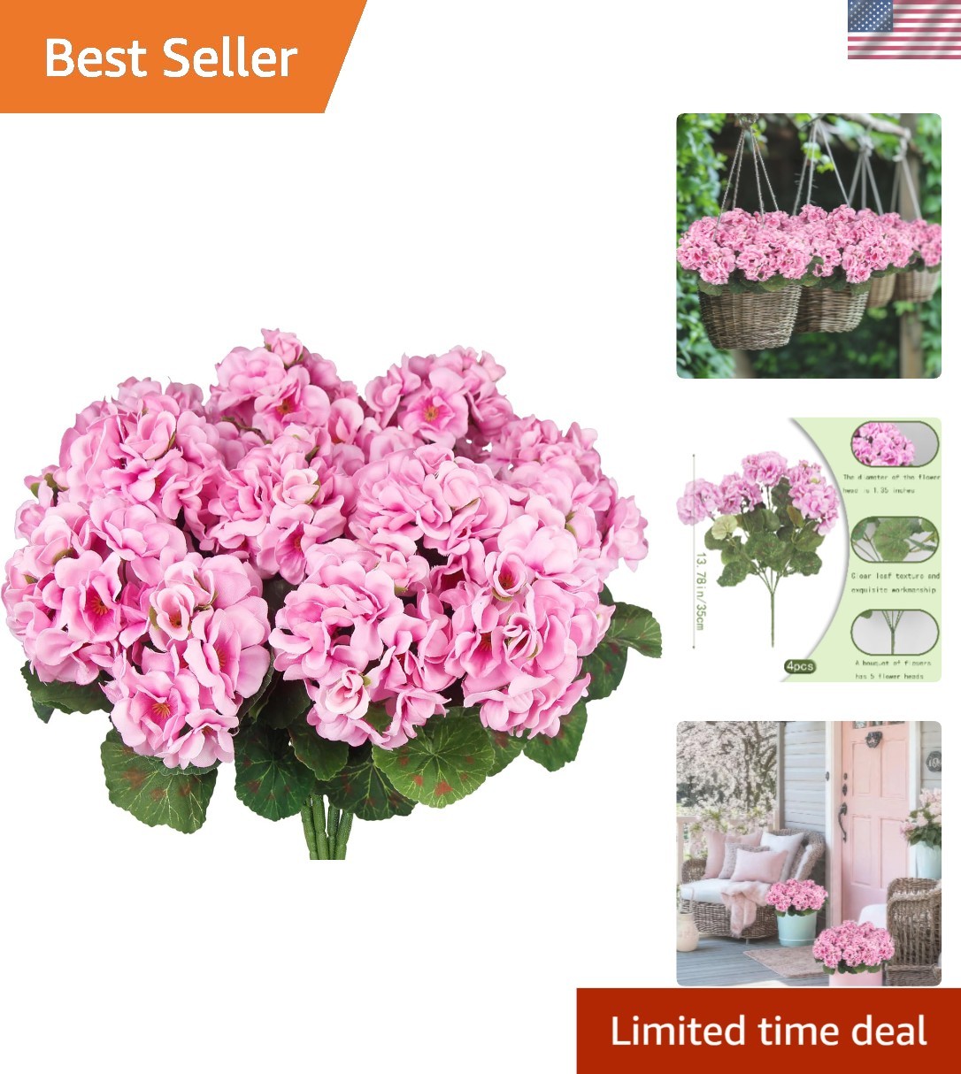 4 Pcs UV Resistant Purple Pink Silk Geranium Flowers for Indoor & Outdoor Decor
