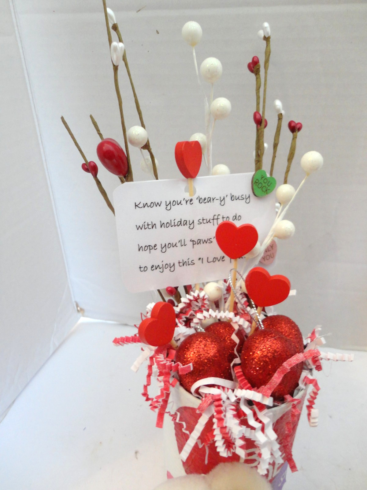 Valentine Small Table Floral Arrangement with Bear ( Handmade)