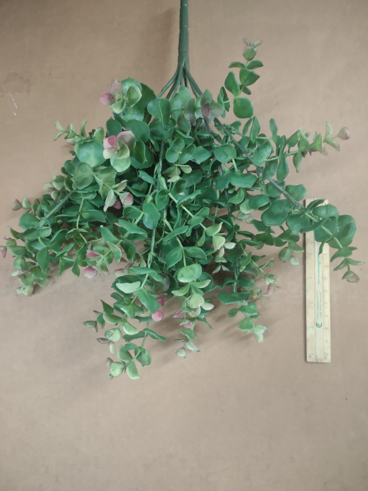 Plastic Spiral Eucalyptus Bush, 13″ Green w Pink Tips, 7 Wired Branches Baby Euc
