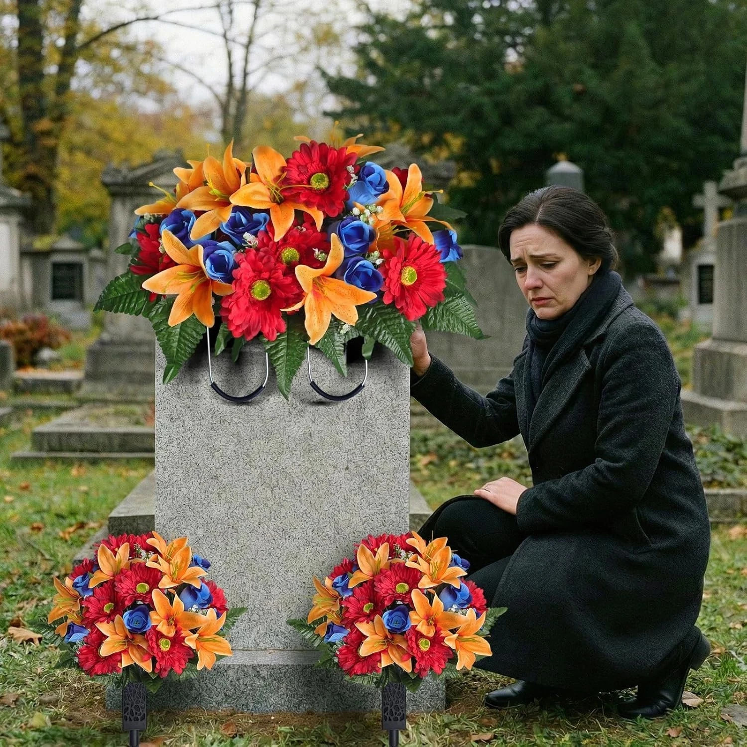 3 PCS Artificial Cemetery Flower Saddles, Cemetery Memorial Flowers with Vase fo