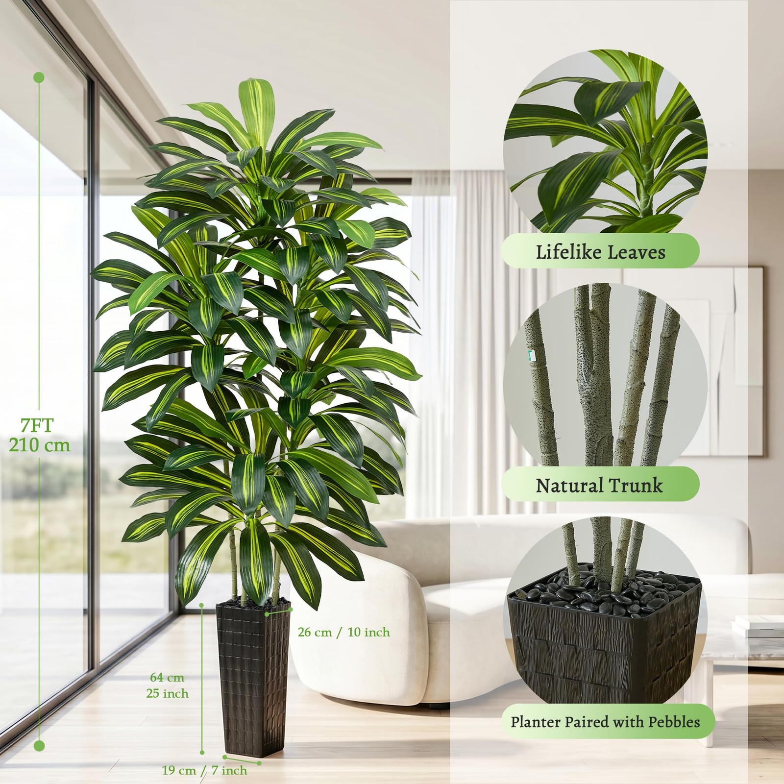 Artificial Dracaena Tree – 7FT Tall Fake Plants with Black Square Planter – A…