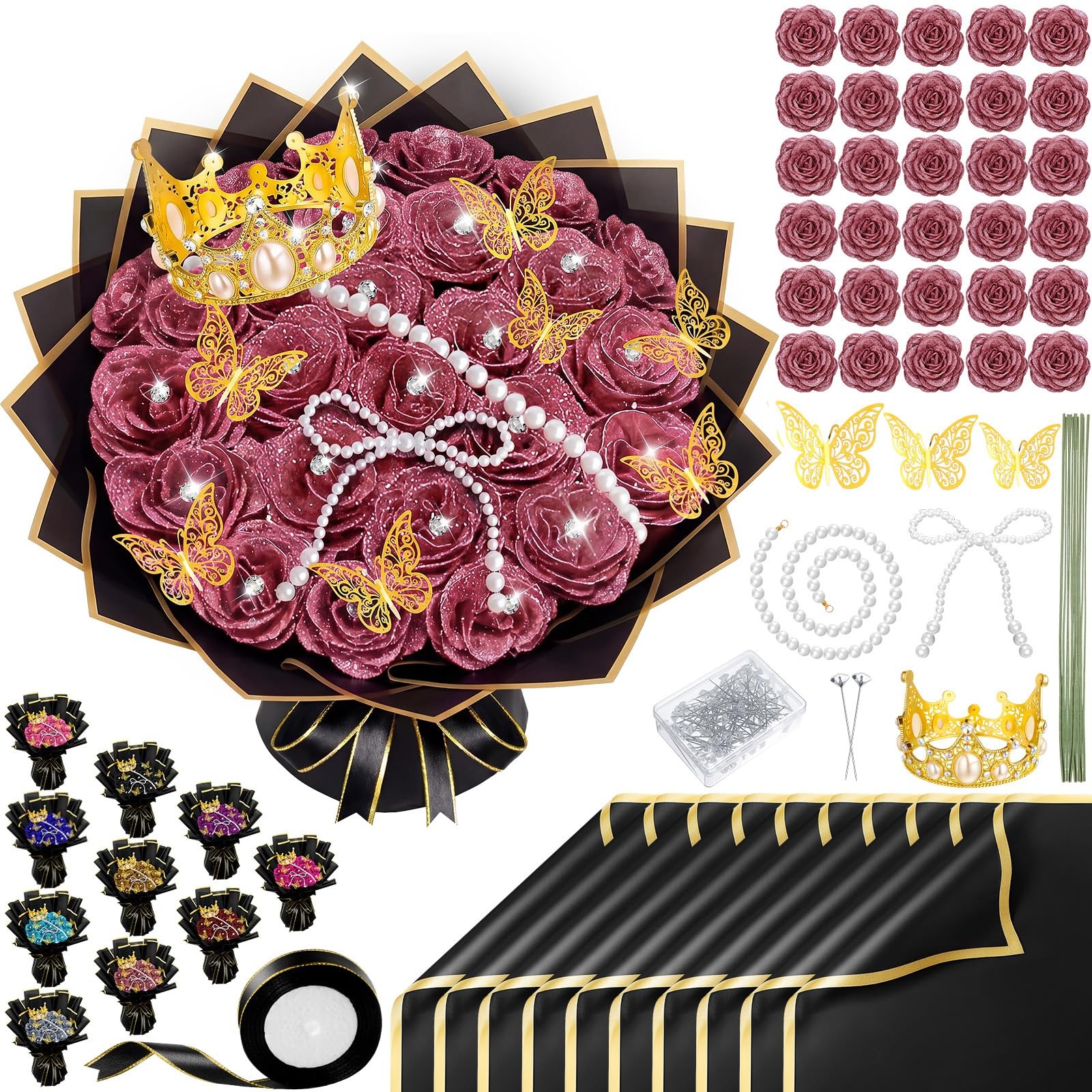 196 Pcs Graduation Gifts DIY Glitter Roses Bouquet Kit Artificial Flower Bouq…