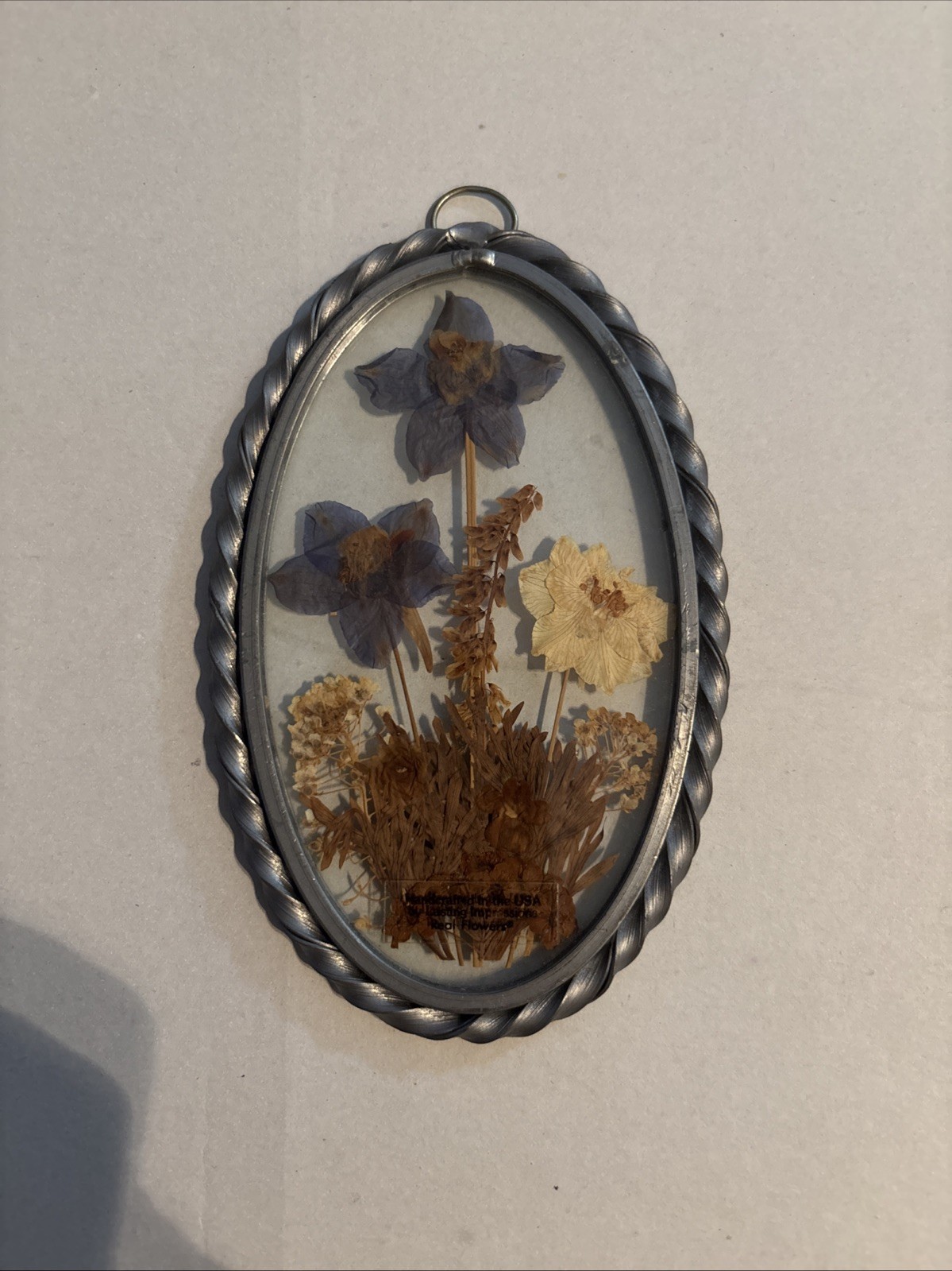 Vintage Lasting Impressions Real Dried Pressed Flowers In Glass W/ Metal Frame
