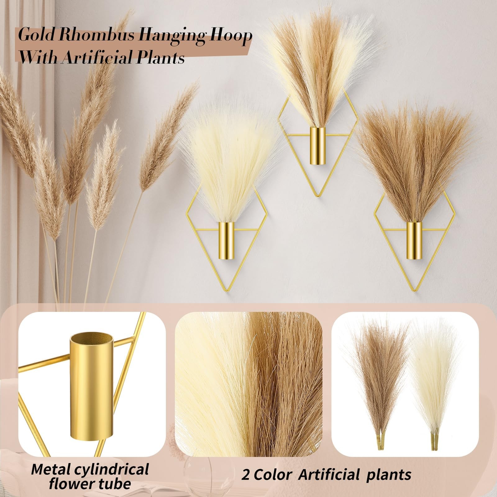 4 Sets Boho Gold Wall Decor Metal Wall Art Hanging Planters with Artificial P…