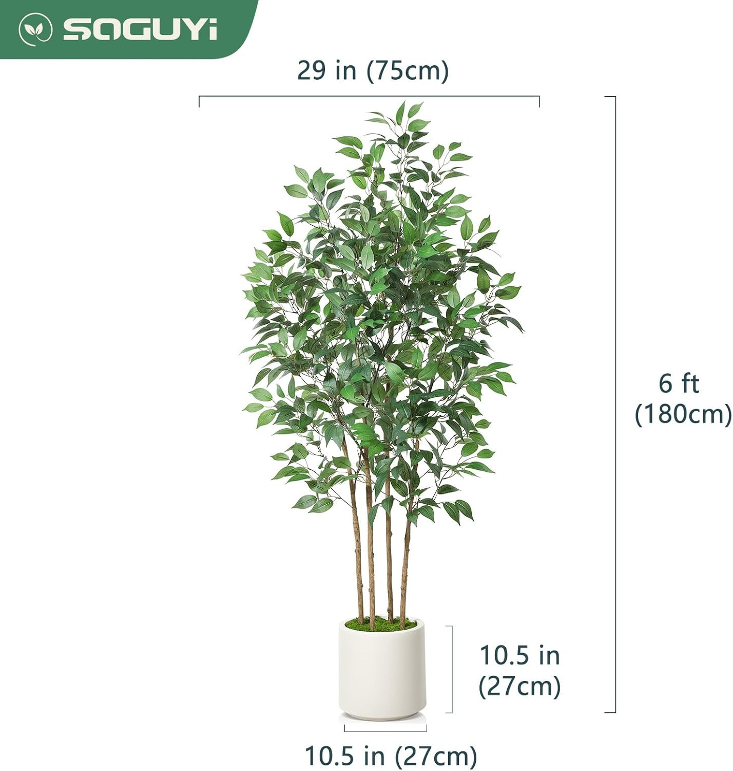 6Ft Ficus Artificial Tree in White Planter – Indoor Home Decor Faux Plant