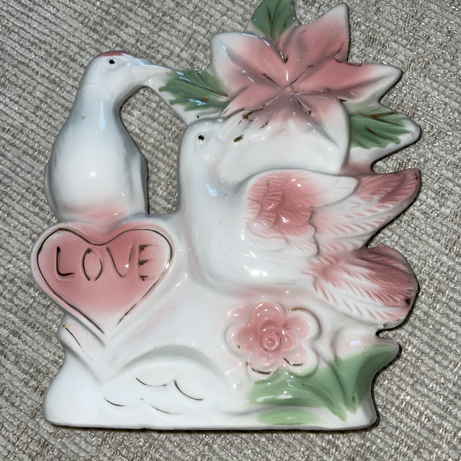 Love Decor Doves Heart Flowers White Pink And Green Gold Trim 7 Inches Tall