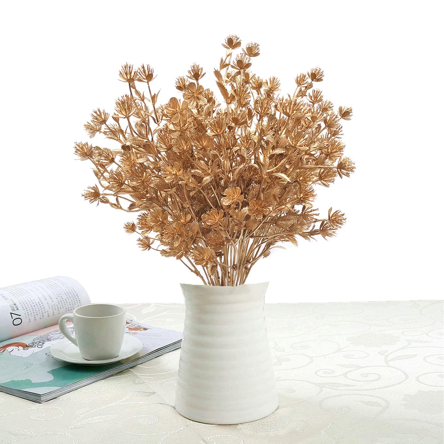 4 PCS Artificial Golden Baby Breath Gypsophila Fake Plant Bush Grass Decor