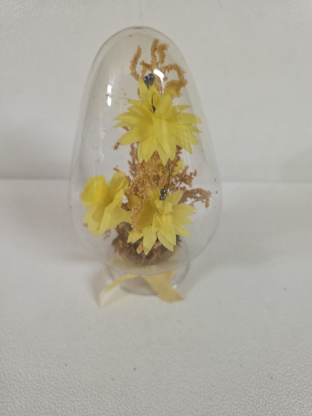 Vintage Clear Glass Dome Egg Cloche with Dried & Silk Flowers Yellow Bow