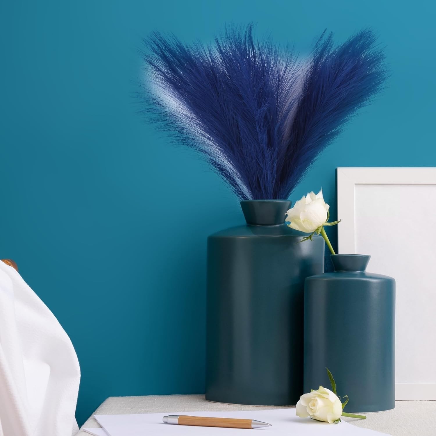 Set of 6 Artificial Pampas Grass 17.7”/45CM Fake Pompous Decor White/Blue Fau…