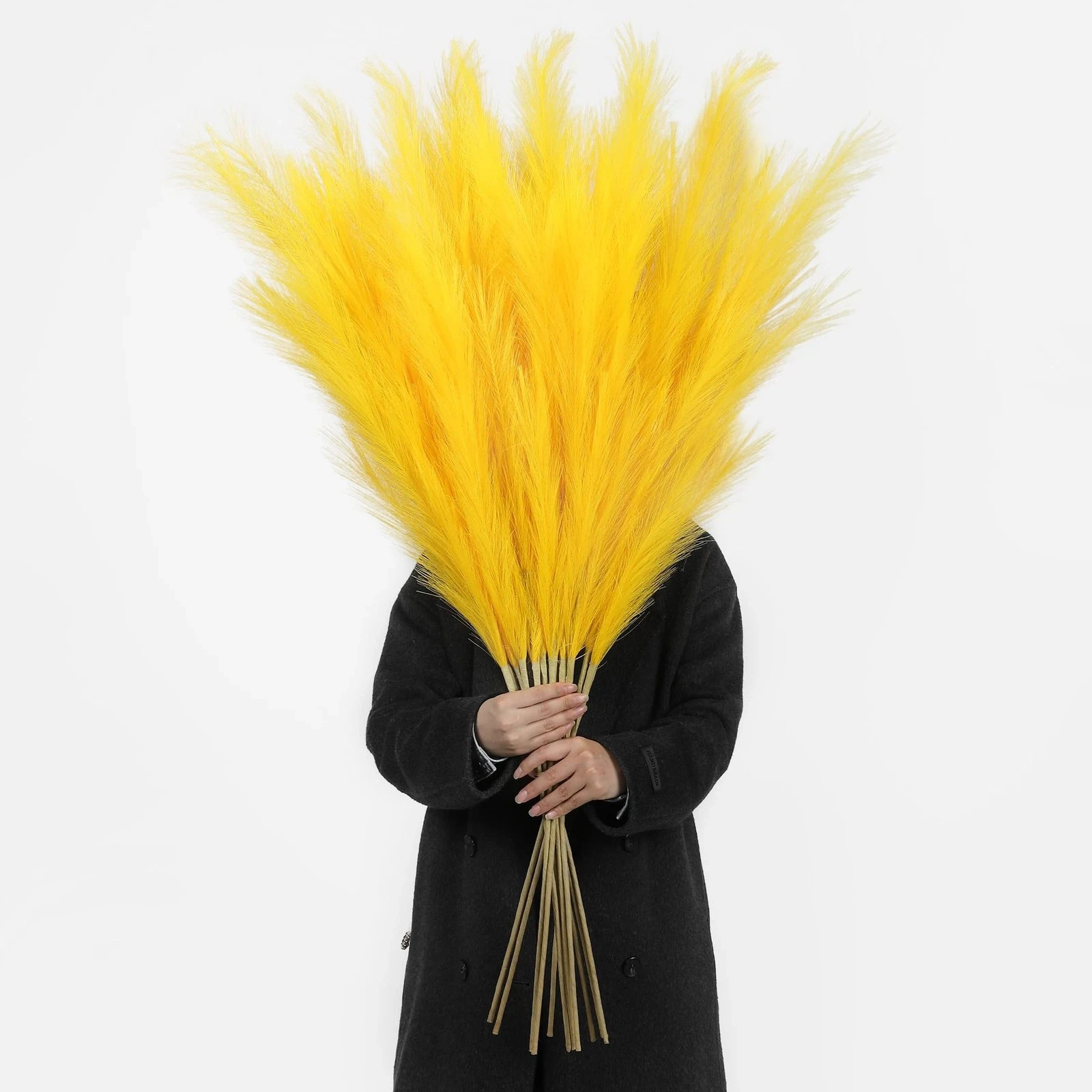 8 PCS 45 Inch Tall Yellow Large Faux Pampas Grass Artificial Flowers Vase