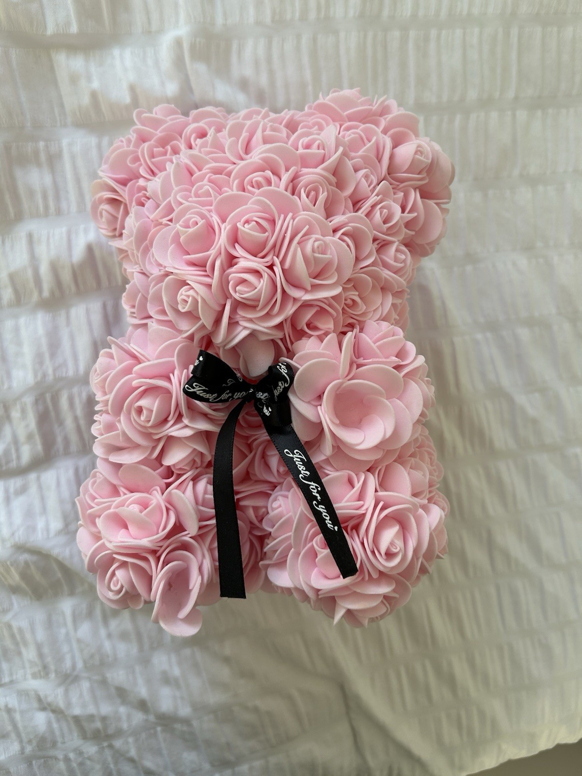 Artificial Pink Rose Bear Arrangement with Black Ribbon, Floral Theme