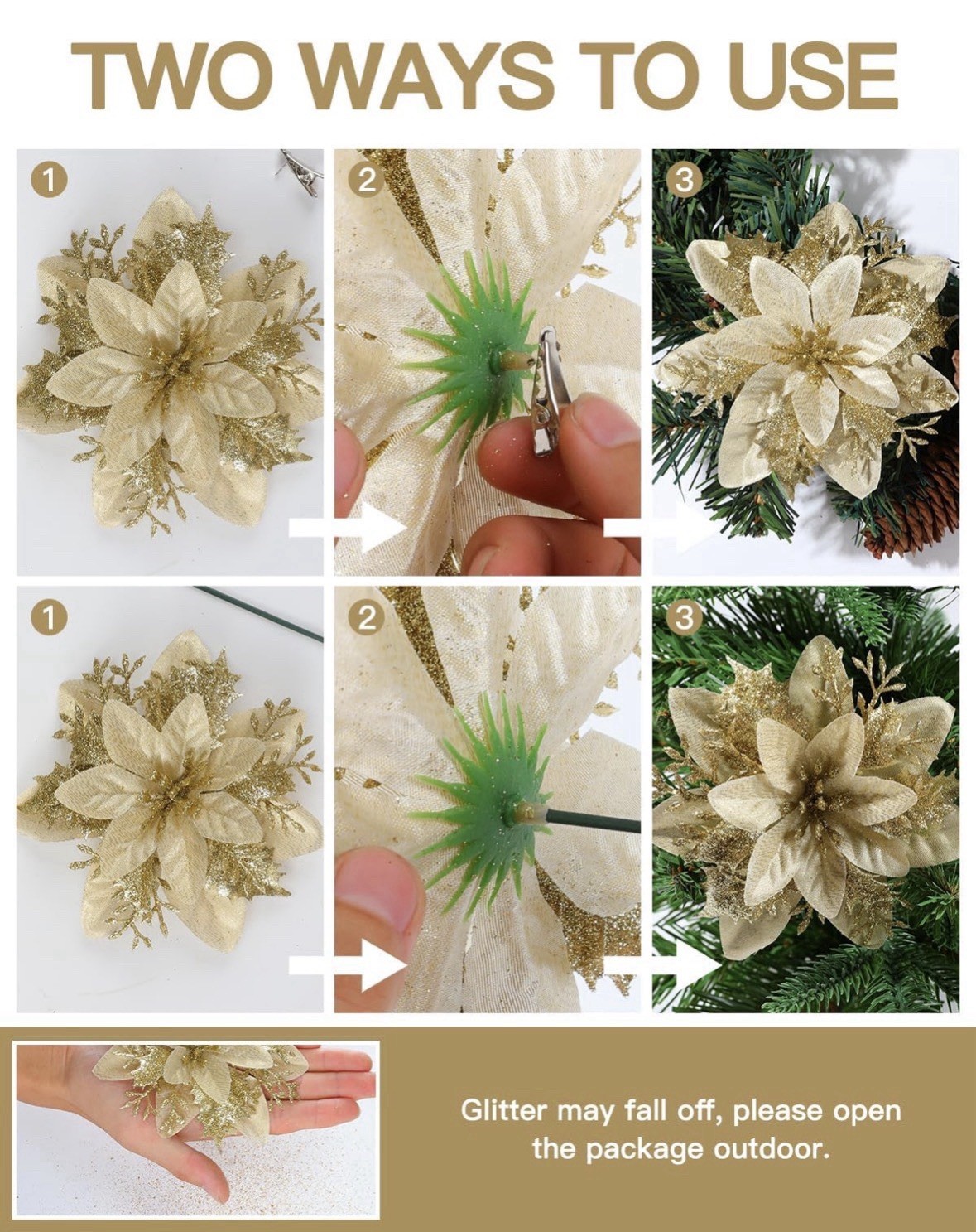 12pc Gold Articial Glitter Poinsettia Flowers Clips & Stems Christmas 5.5in