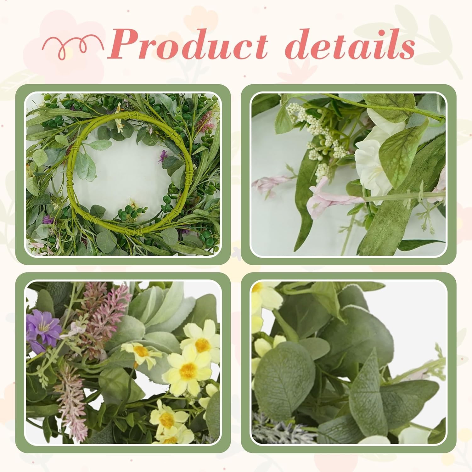 20-Inch Handcrafted Spring Summer Wreath with Eucalyptus & Multi-Colored Flowers