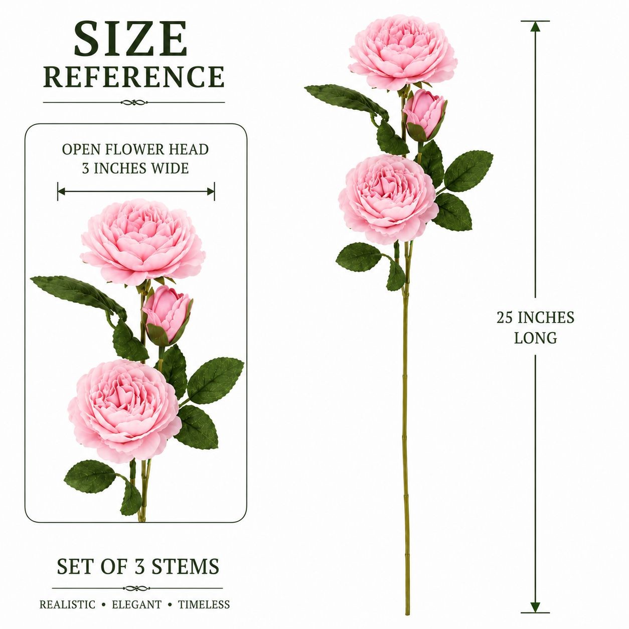 Light Pink Garden Rose Stem Set of 3 Faux Roses Real Touch Open Bloom Floral…