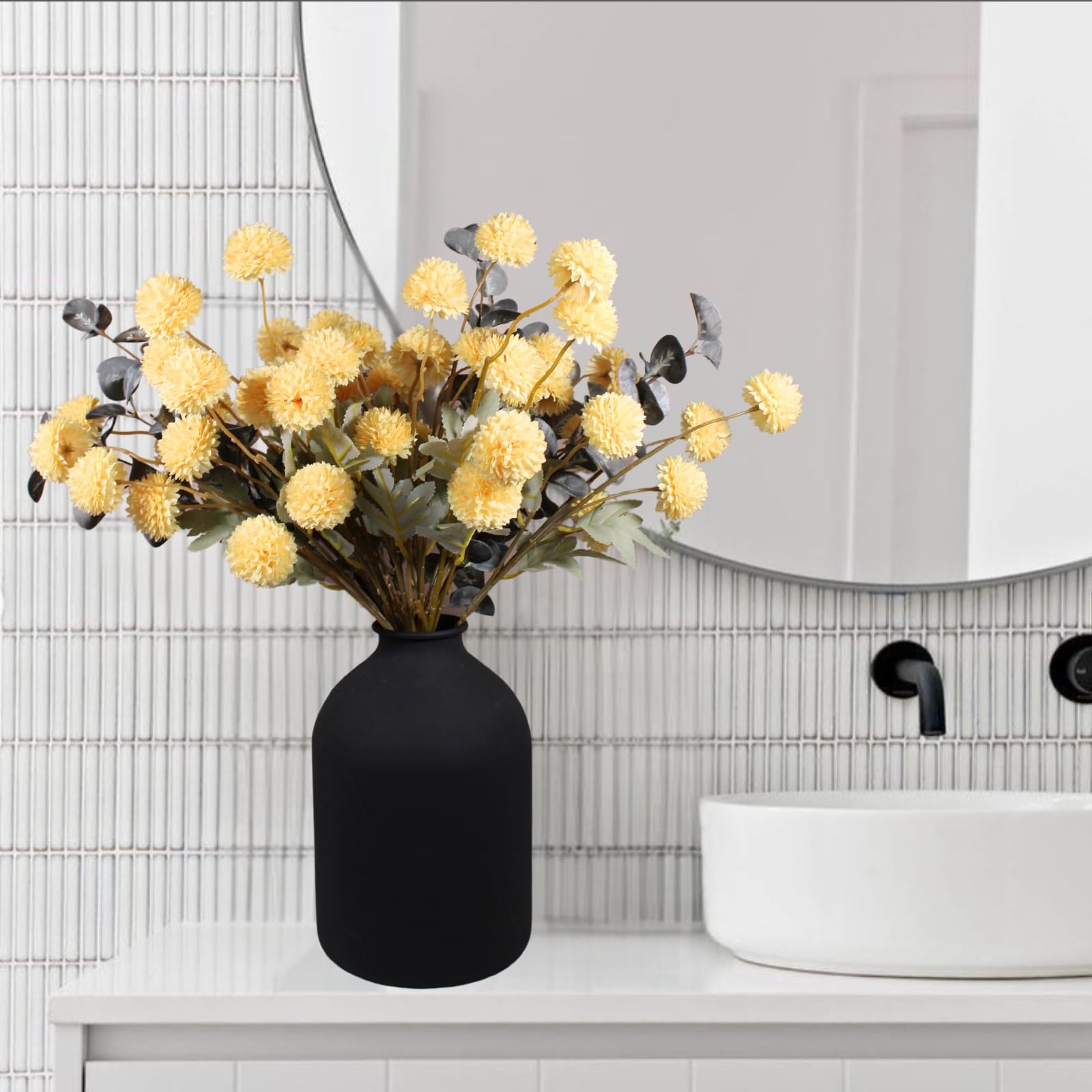 Yellow Flowers Artificial Long Stems Kiku Flower With Eucalyptus, Spring Flo…