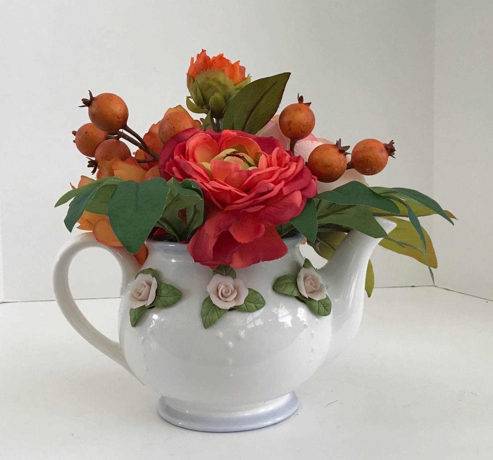 White with Raised Pink Roses Telaflora Gift Teapot Orange Flowers