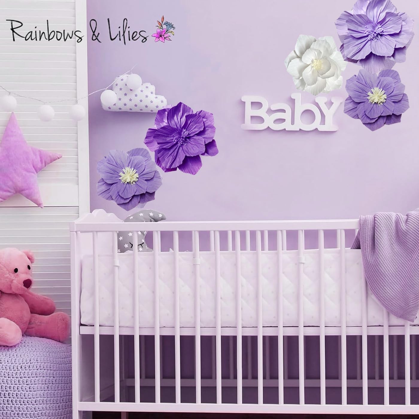Purple Paper Flowers 5PCS 3D Flower Wall Decor – Violet White Lilac Pom Tissu…