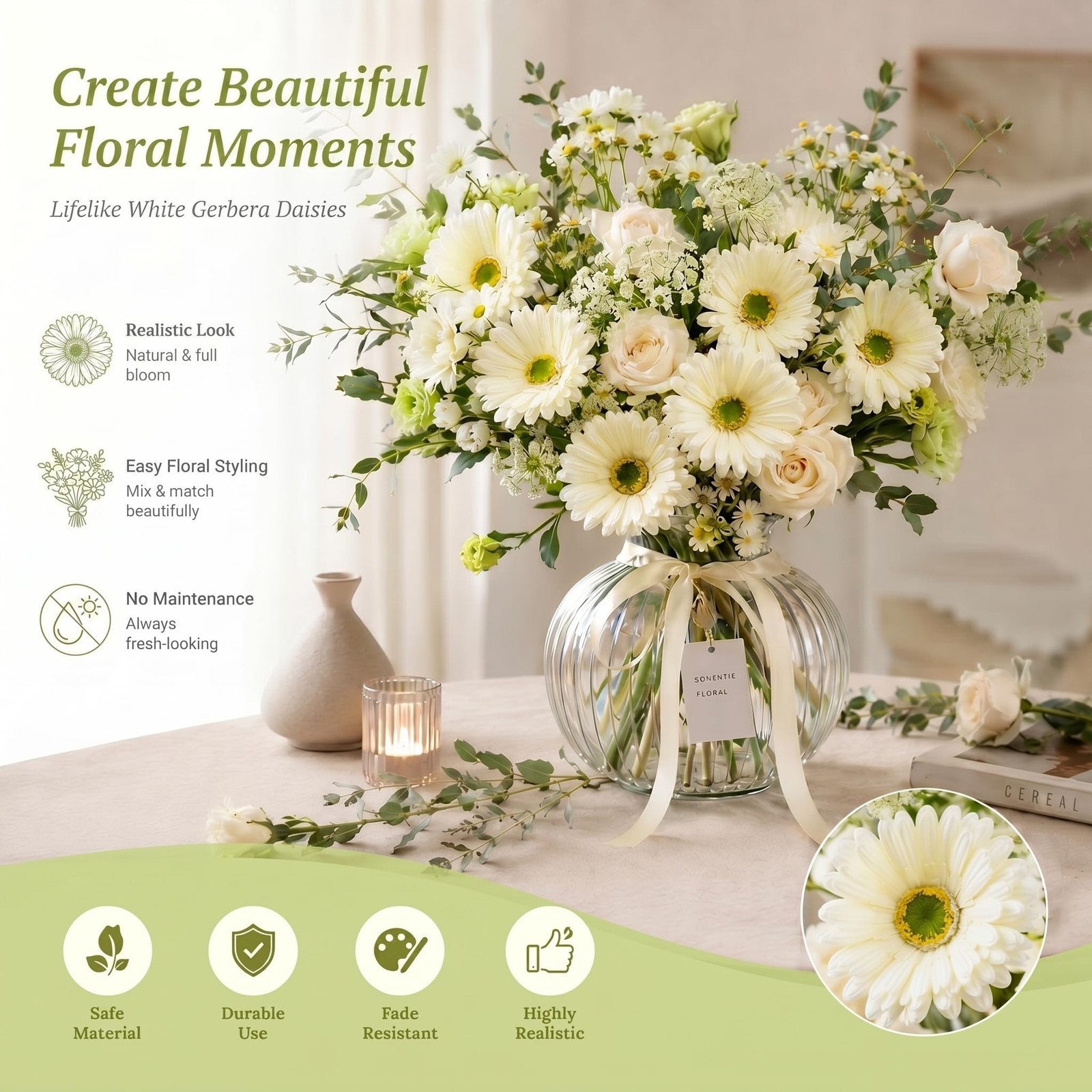 24 Pcs Artificial Gerbera Daisies Flowers 15 in White Fake Daisy Bouquet with…