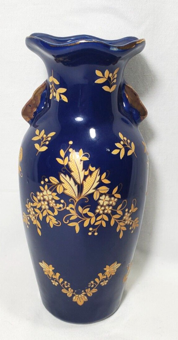 Hand-painted Dark Blue With Gold Floral Porcelain Vase Double Handle