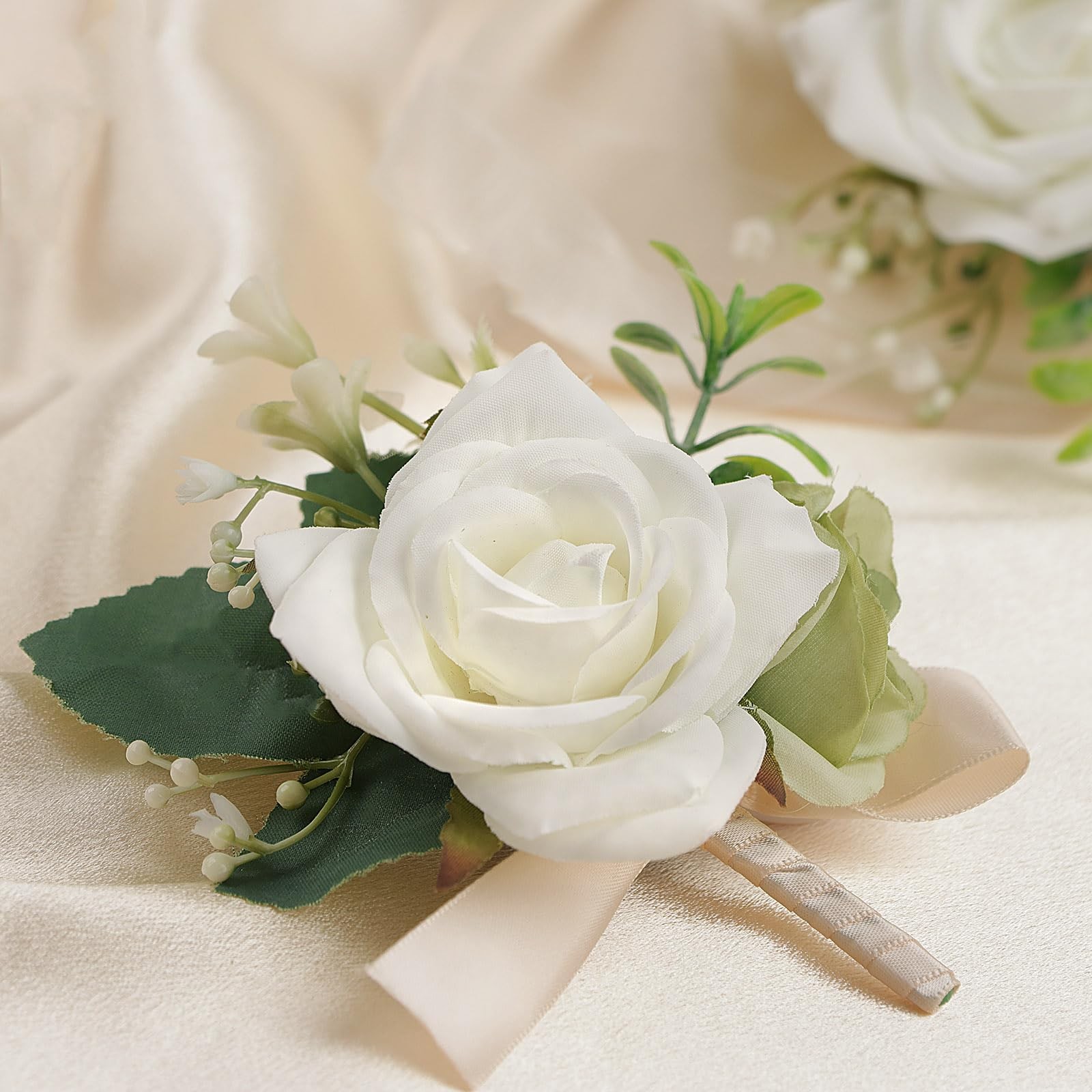 2 PCS Wrist Corsage Boutonniere Set Artificial Flower White Light Green