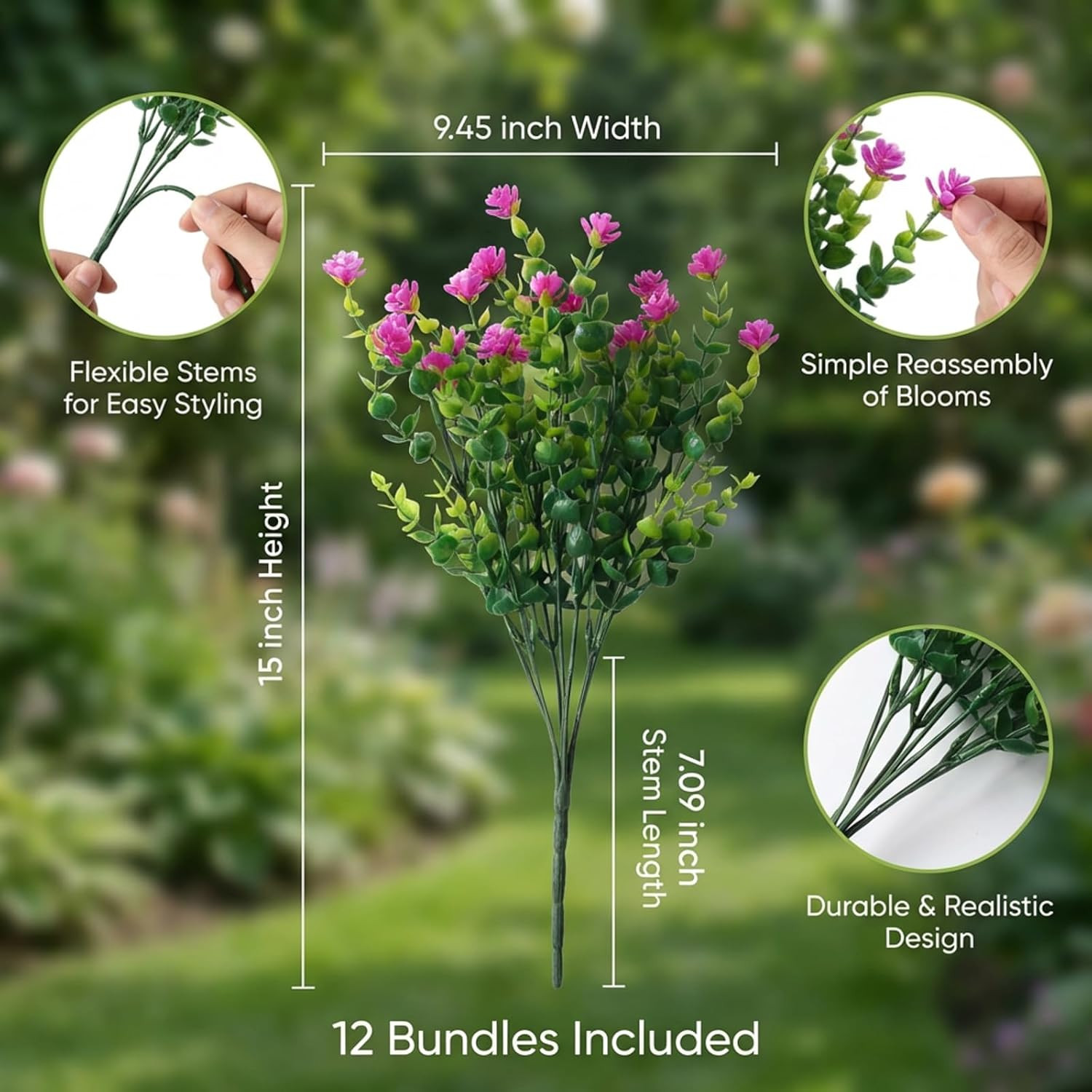 Artificial Flowers Outdoor Fake Plants with Eucalyptus Leaves- 12 Bundles UV Res