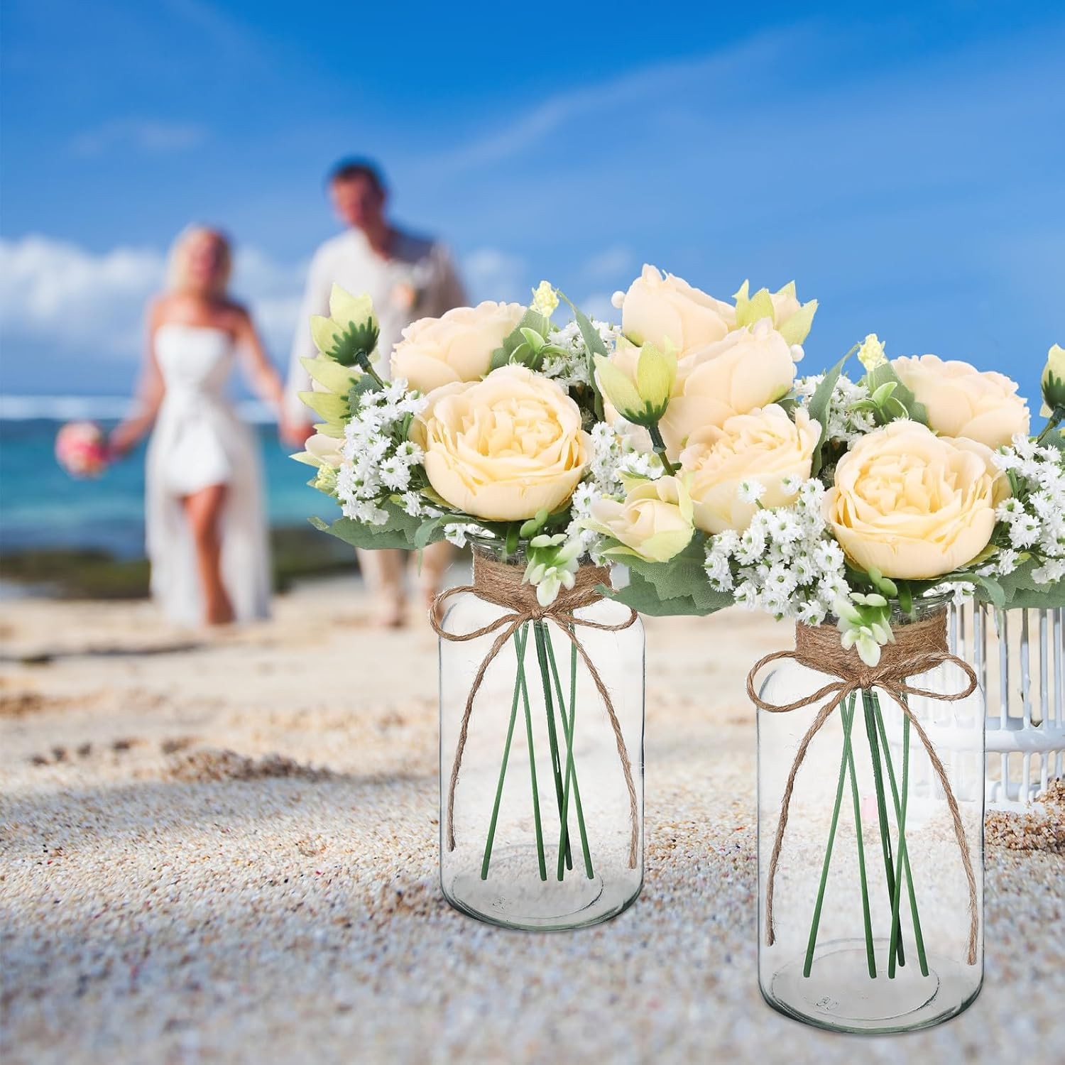 6 Sets Mason Jar Table Centerpiece W/ Artificial Peony Baby’s Breath Flower