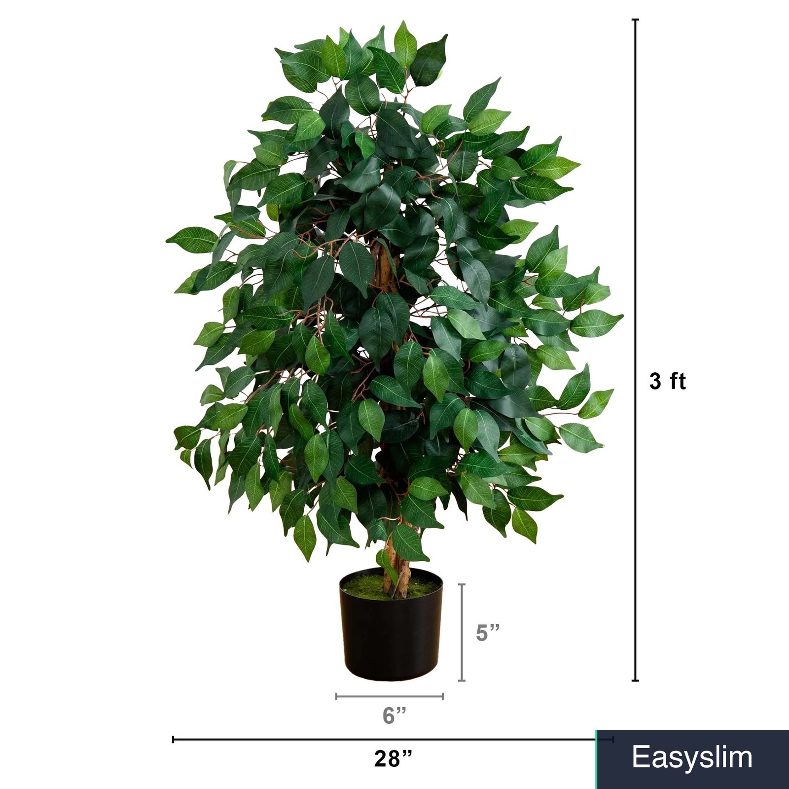 Artificial Ficus Tree 36 Inches Triple Trunk Green Silk Black Pot