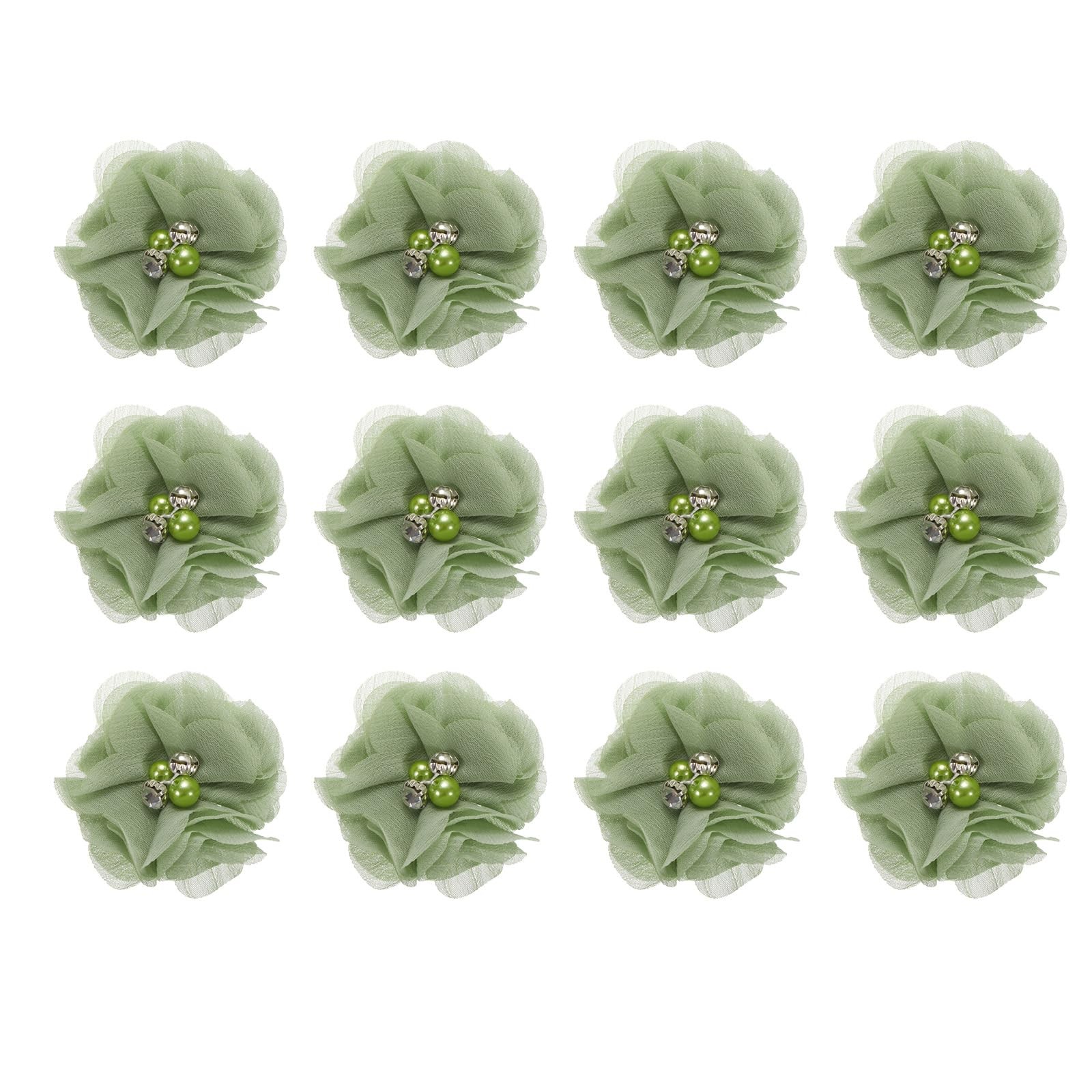 12 PCS 2 Inch Light Green Artificial Rhinestone Chiffon Flower Head Craft