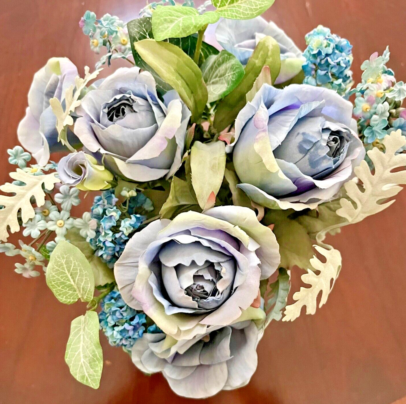 Sale!6 Silk Blue Roses Faux Floral Rustic Metal Vase Home Accessory Gift