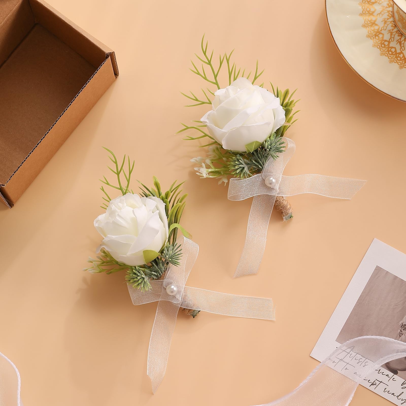 2pcs White Rose Boutonniere for Men Artificial Rose Flower for Wedding Flower…