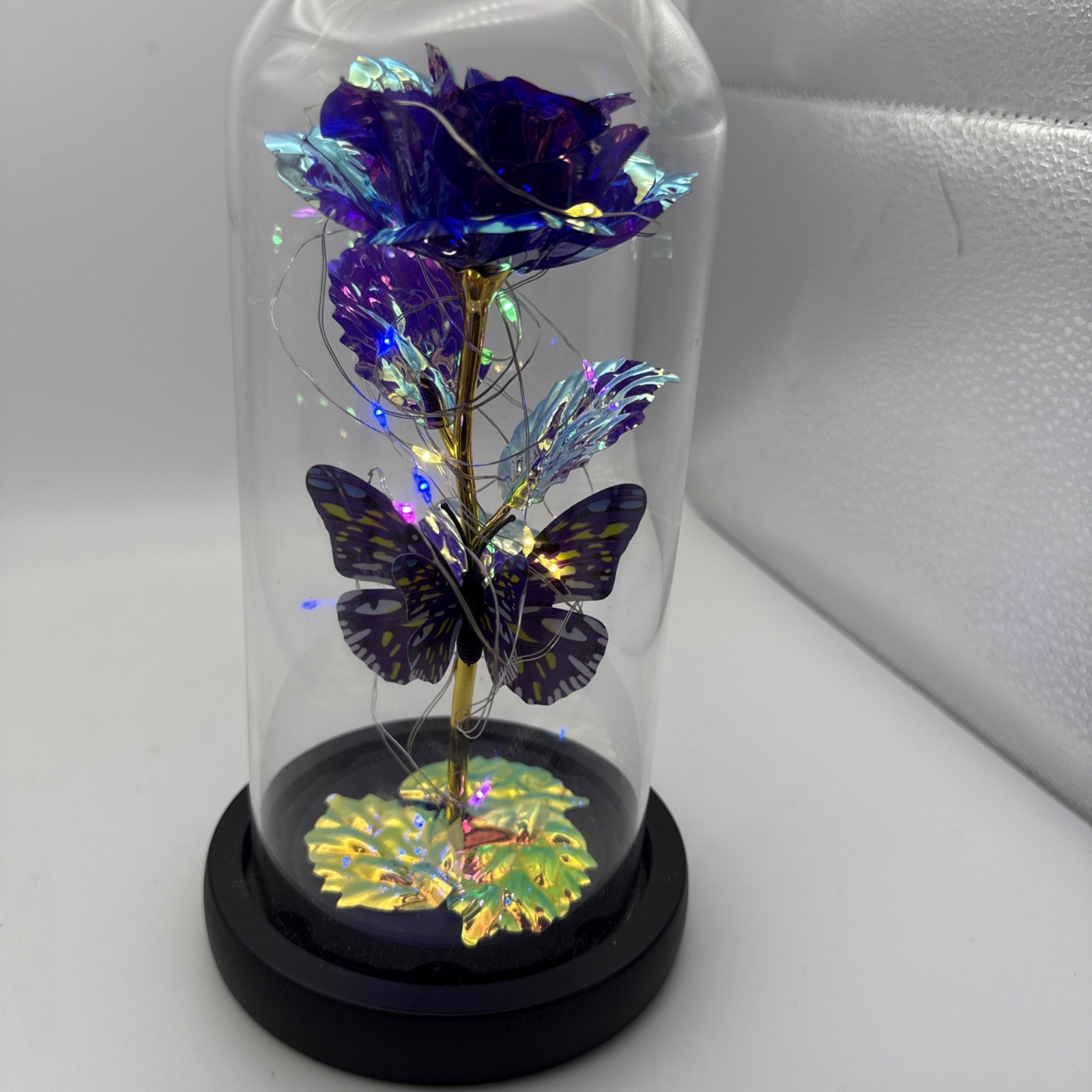 Purple Rose Flower & Butterfly in Glass Dome Cloche LED Lighted Floral Display
