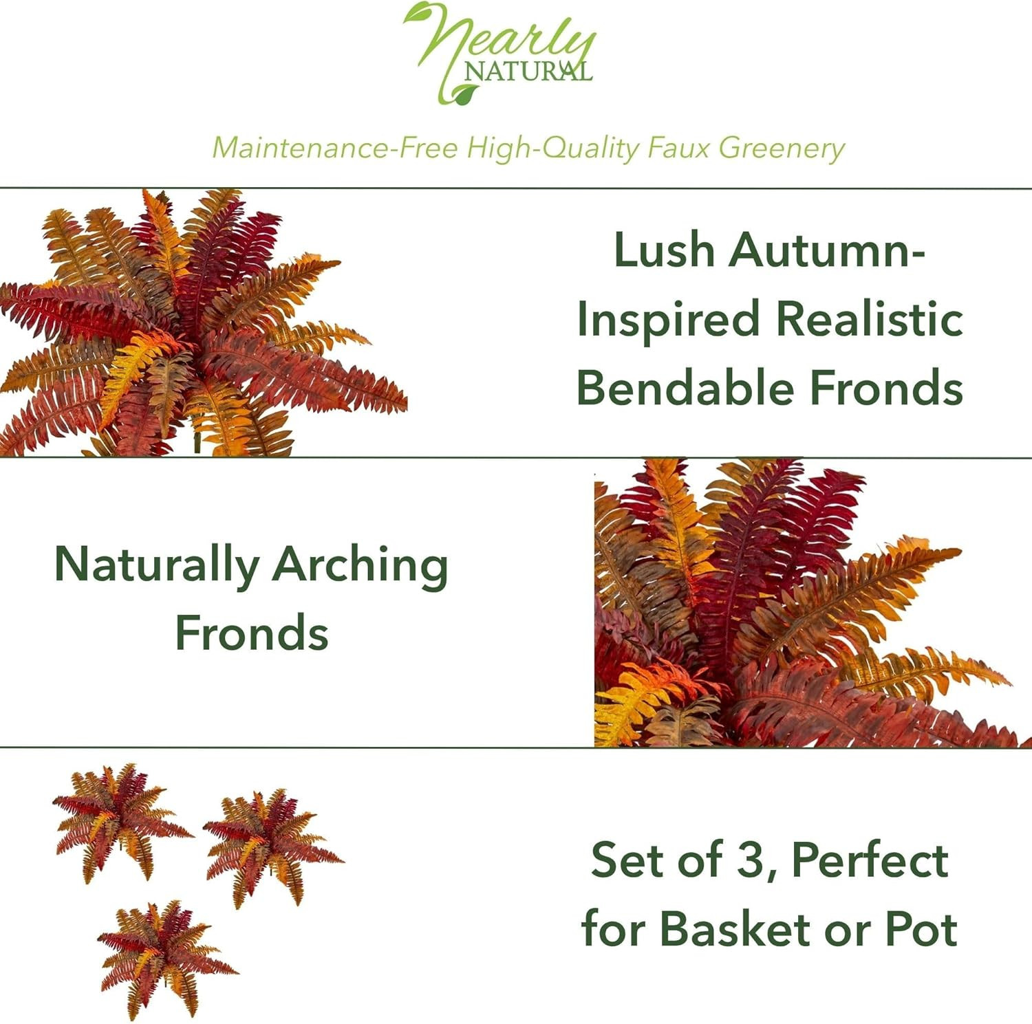 20” Autumn Boston Fern Artificial (Set of 3) Silk Plants Orange