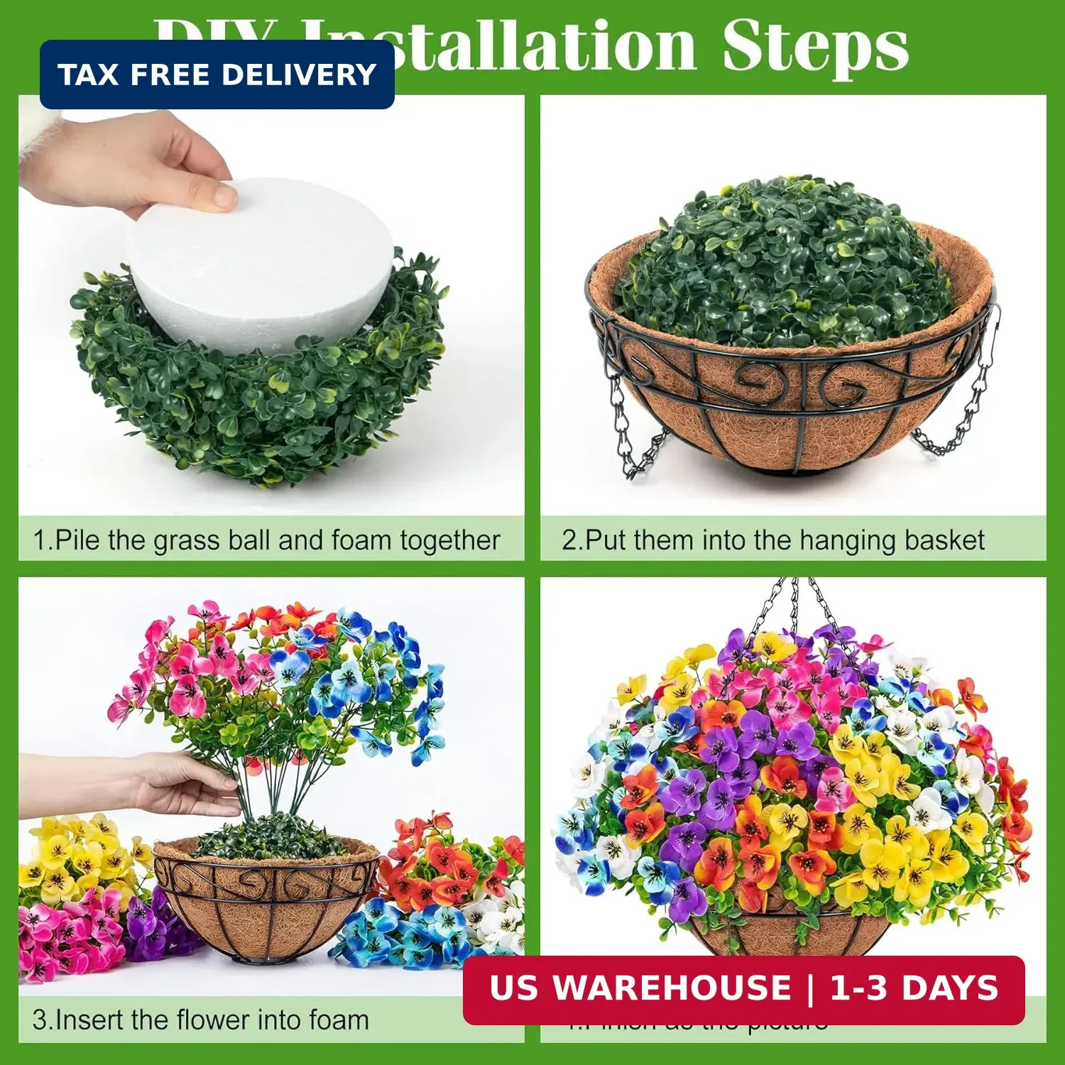 Artificial Hanging Flowers with Baskets for Outdoors, Fake Silk Pansy Flowers UV