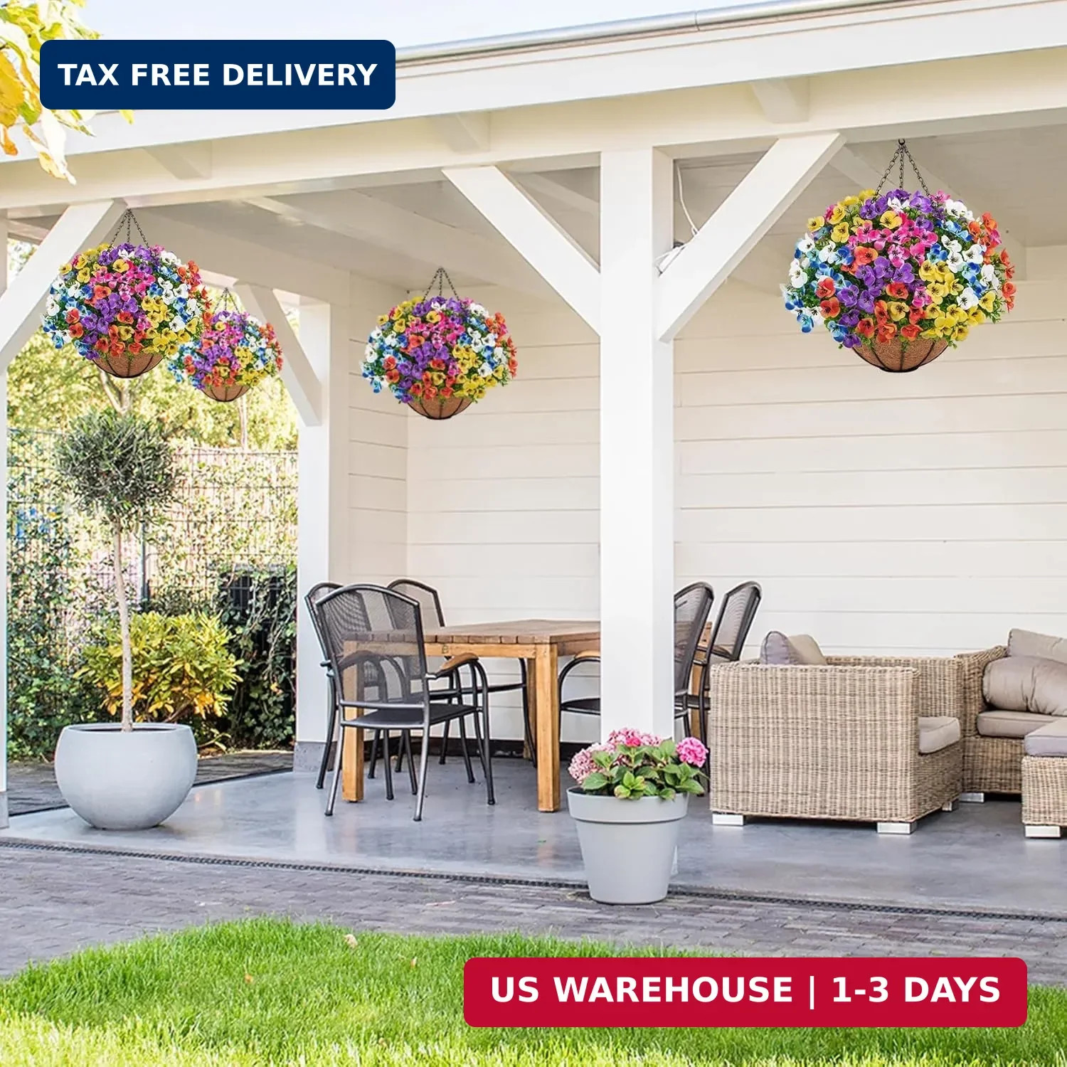 Artificial Hanging Flowers with Baskets for Outdoors, Fake Silk Pansy Flowers UV