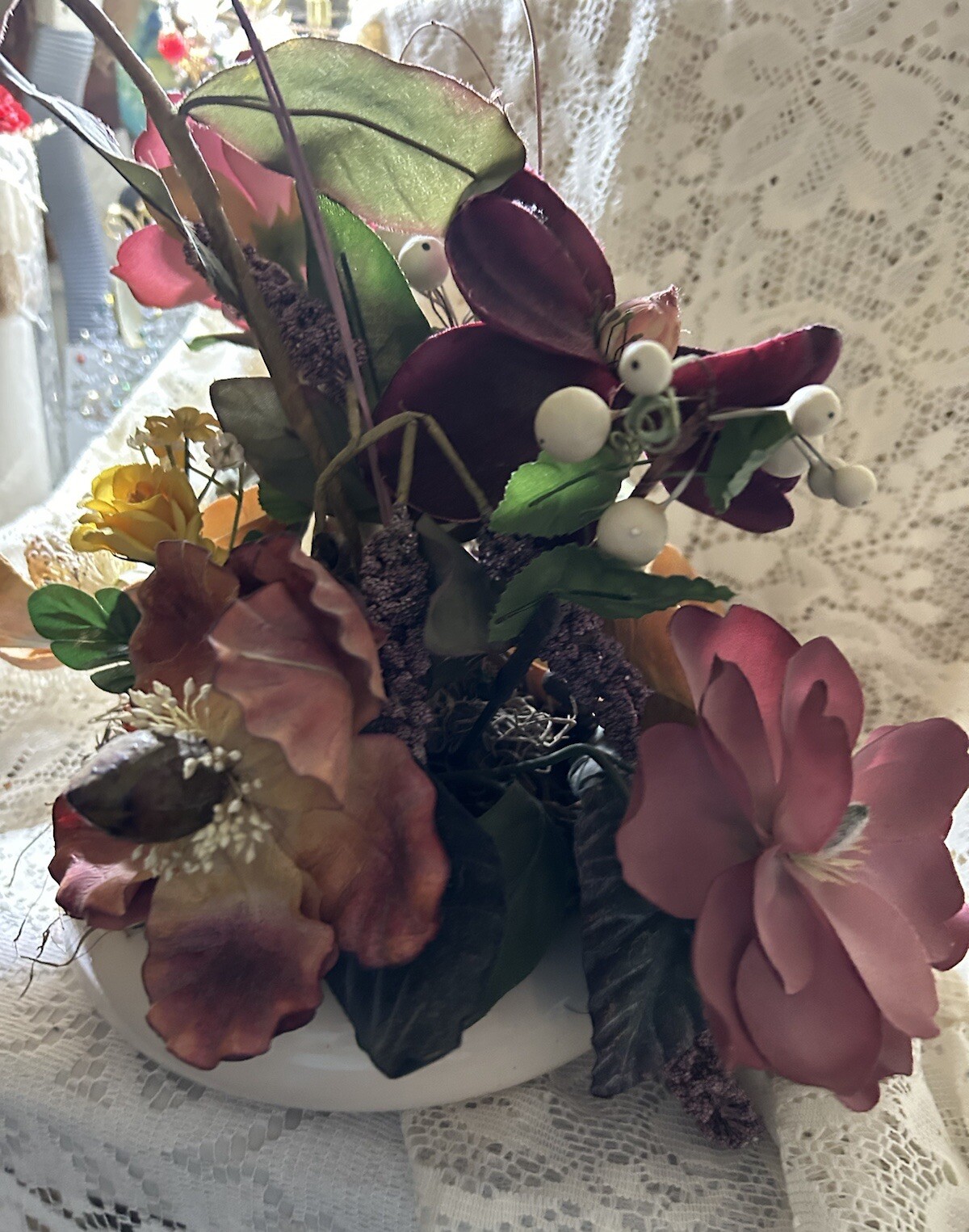Exotic Artificial Floral Arrangement In A Porcelain Dish Made In Portugal