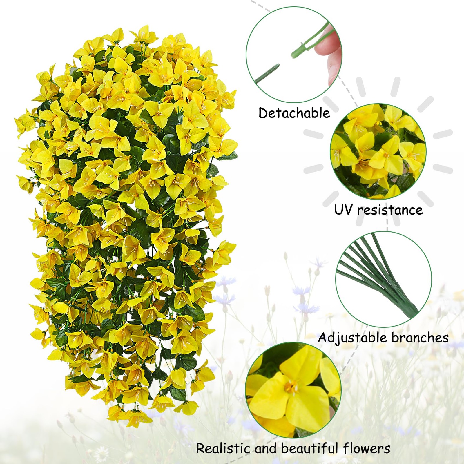 3 Pcs Yellow Artificial Hanging Bougainvillea Flowers Silk Long Trailing Vines U
