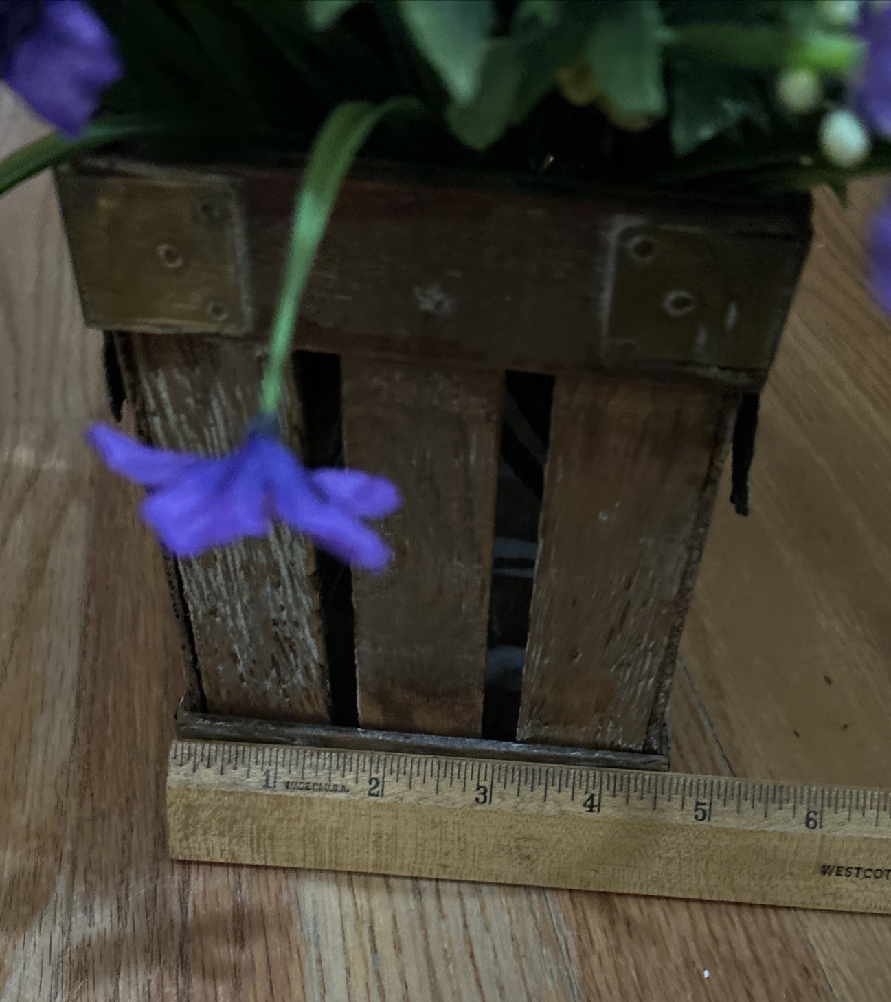 Beautiful Purple & White Floral Arrangement In A Crate With Handle Metal Leaves