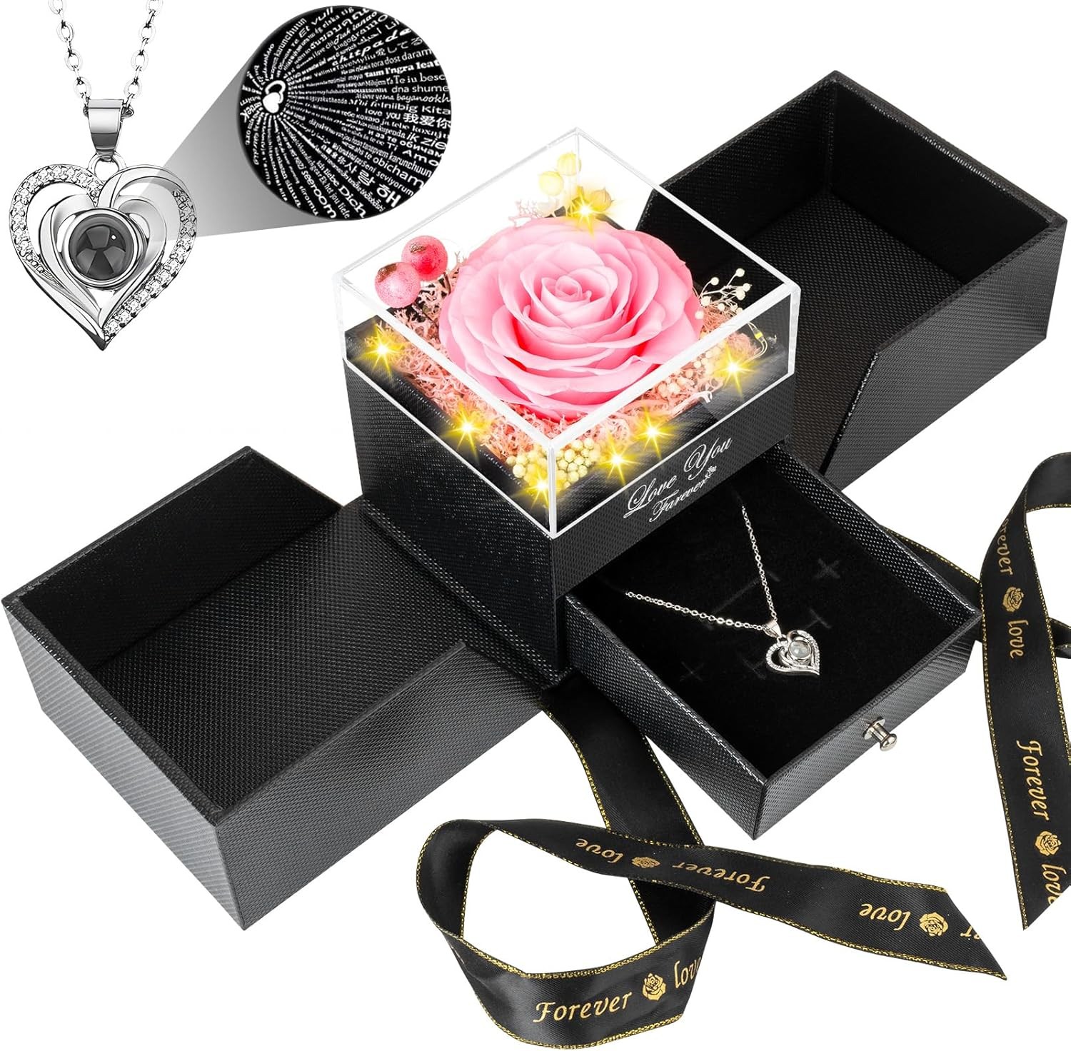 Preserved Real White Rose with Necklace Forever Flowers Rose Valentines Day Gift