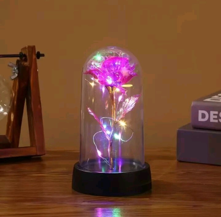 New With Box – Crystal Rose with LED Light In Dome Cover – Happy Birthday – Pink