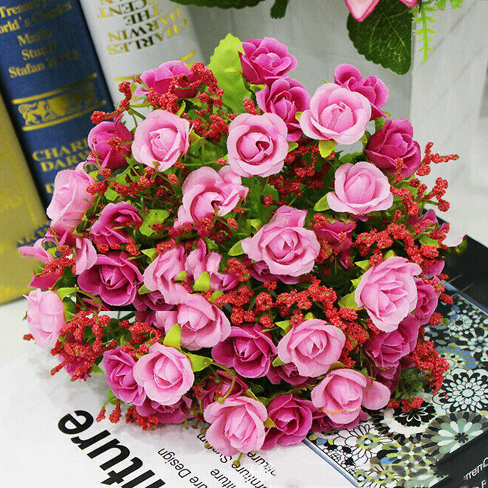 21 Heads Artificial Rose Bud Fake Silk Flowers Bouquet Wedding Party Home Decor