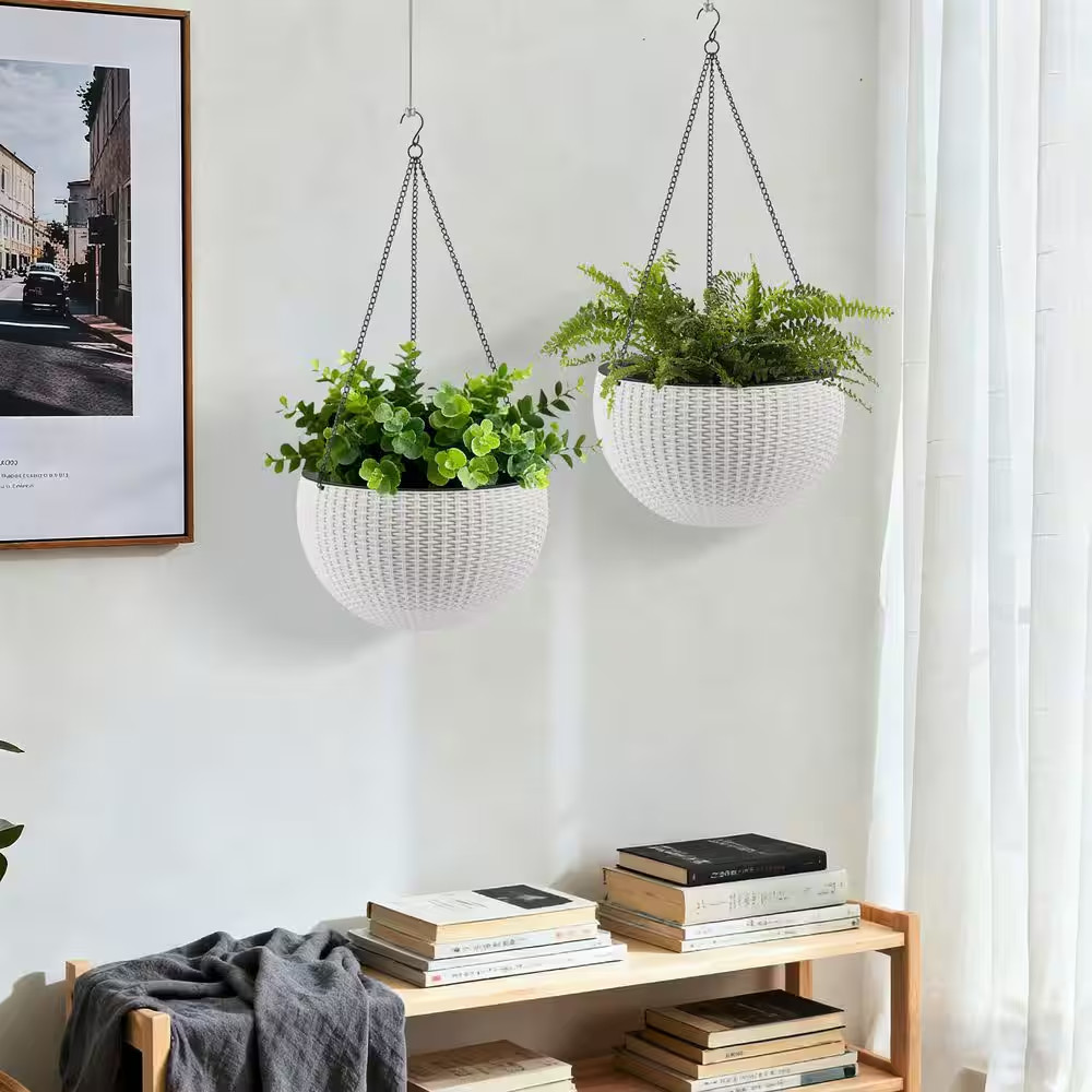 13.4 In. Dia White Plastic Hanging Basket, Dual-Use for Indoor and Outdoor Decor