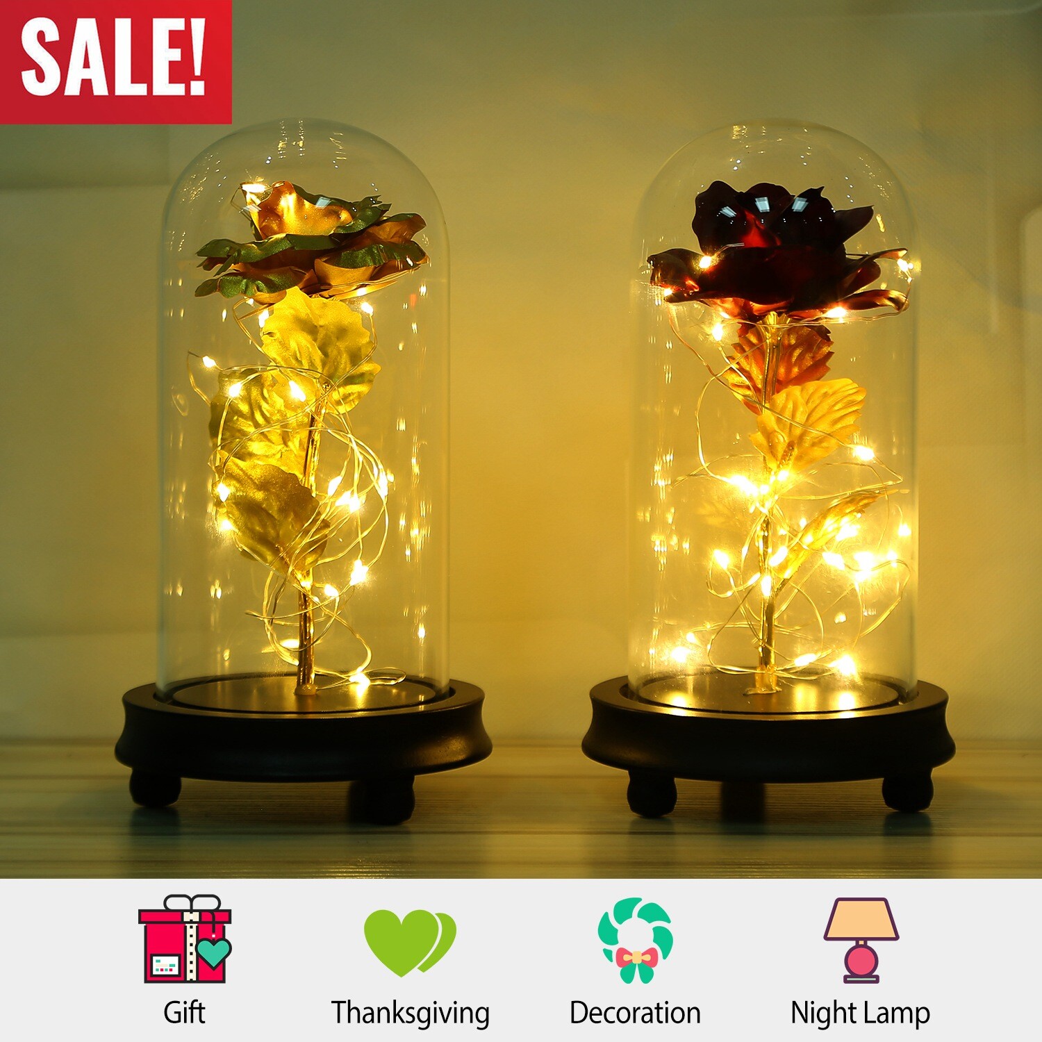 Eternal Rose LED Light Flower Crystal Glass Dome Girlfriend Wife Gift Decoration