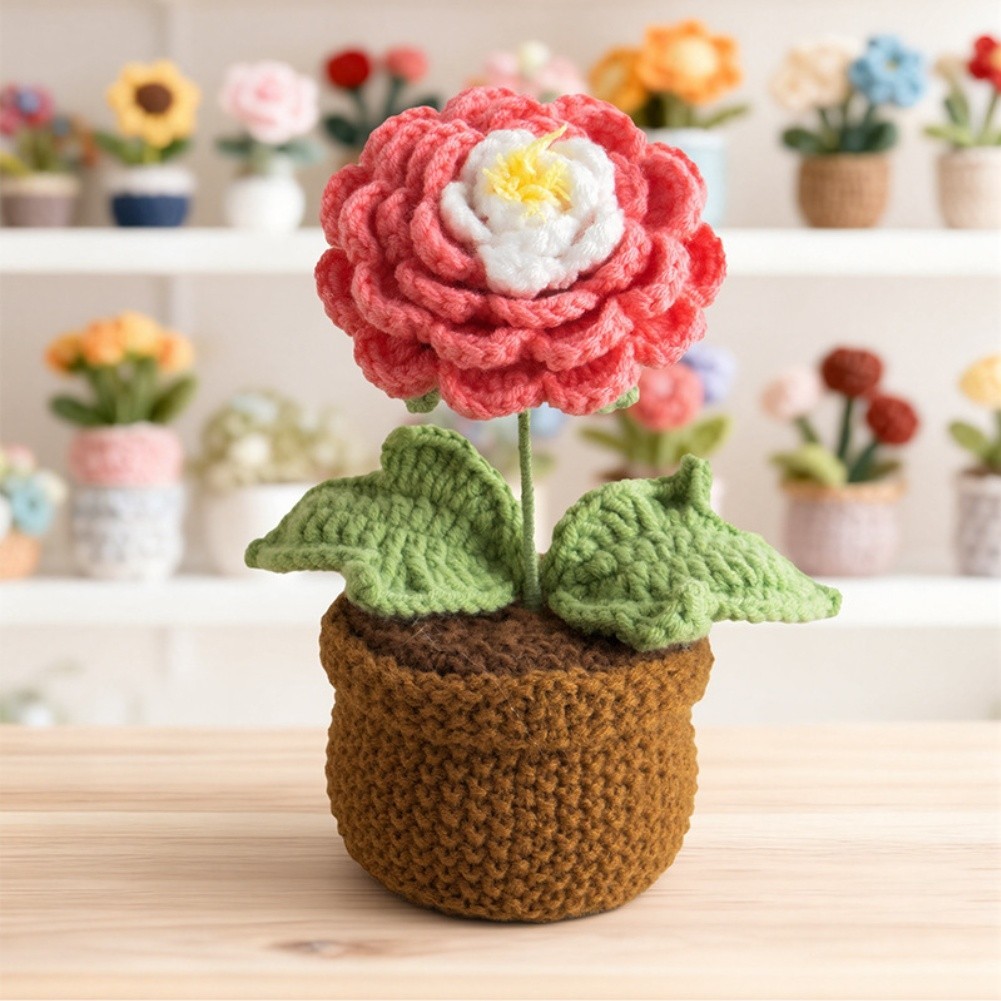 Crochet Peony Artificial Flower in Pot Handmade 17cm Milk Cotton Piece