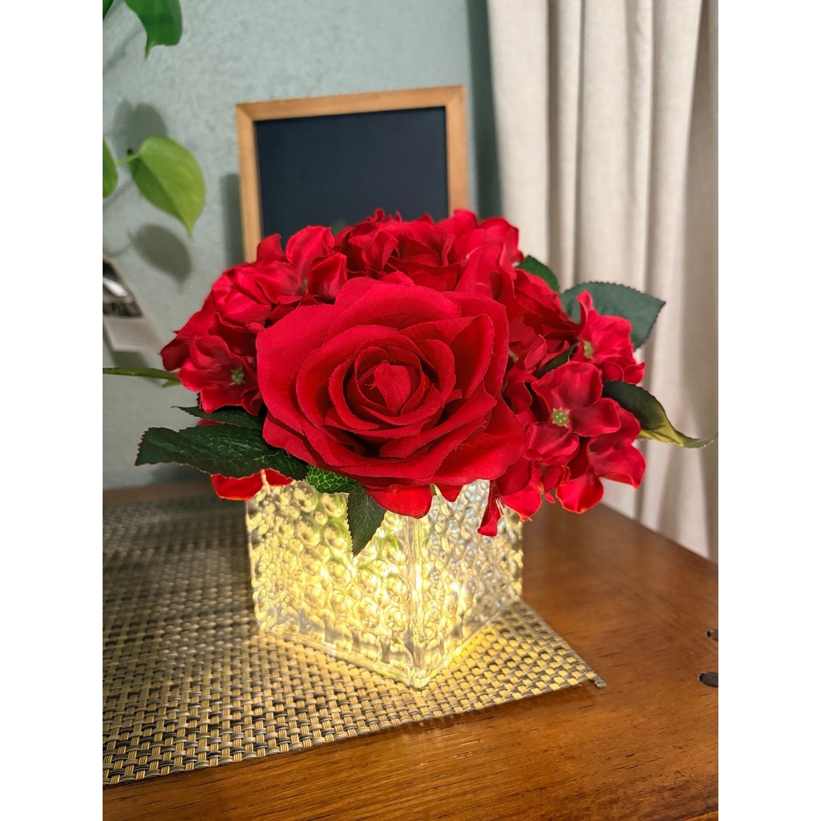 Rose Arr w LED Lights Solid Cube Glass Vase Mom Teacher Gift Decor
