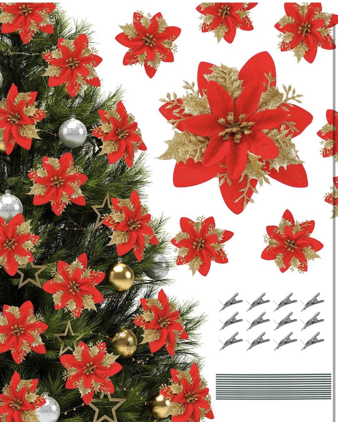 12pc Red/Gold Articial Glitter Poinsettia Flowers Clips & Stems Christmas 5.5in