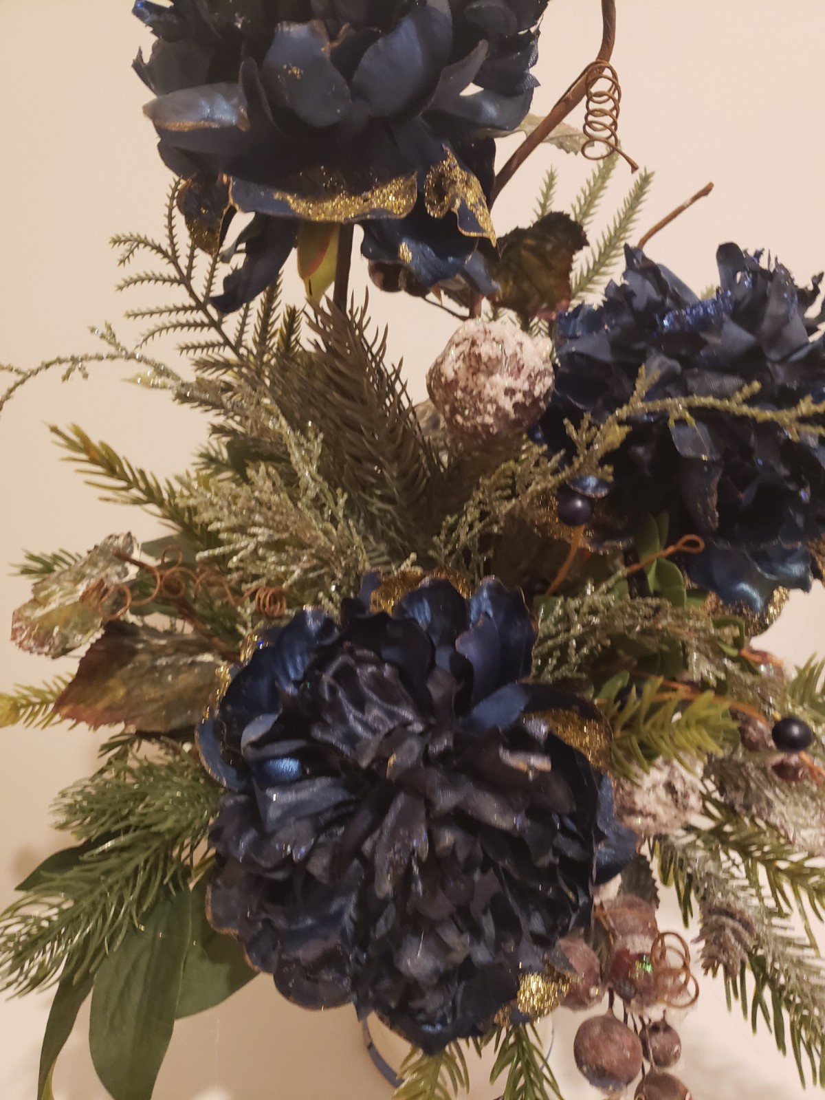 Navy Blue Winter Floral Arrangement, Elegant Christmas Flower Arrangement