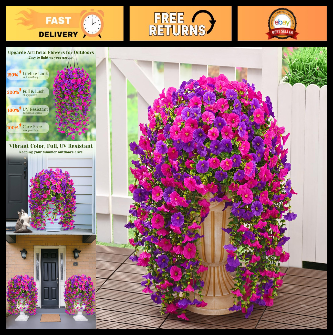 8 Packs Realistic UV Resistant Artificial Hanging Flowers – Silk Petunia for Out